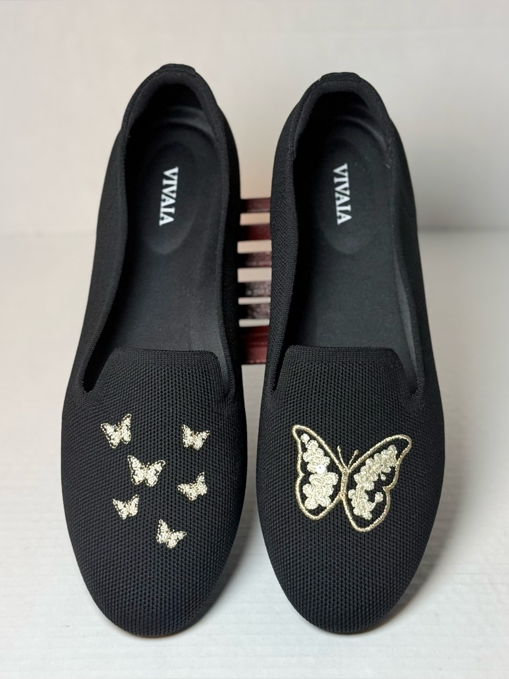 VIVAIA Audrey Round-Toe Embroidered Loafers – Black Butterfly (New) 9.5